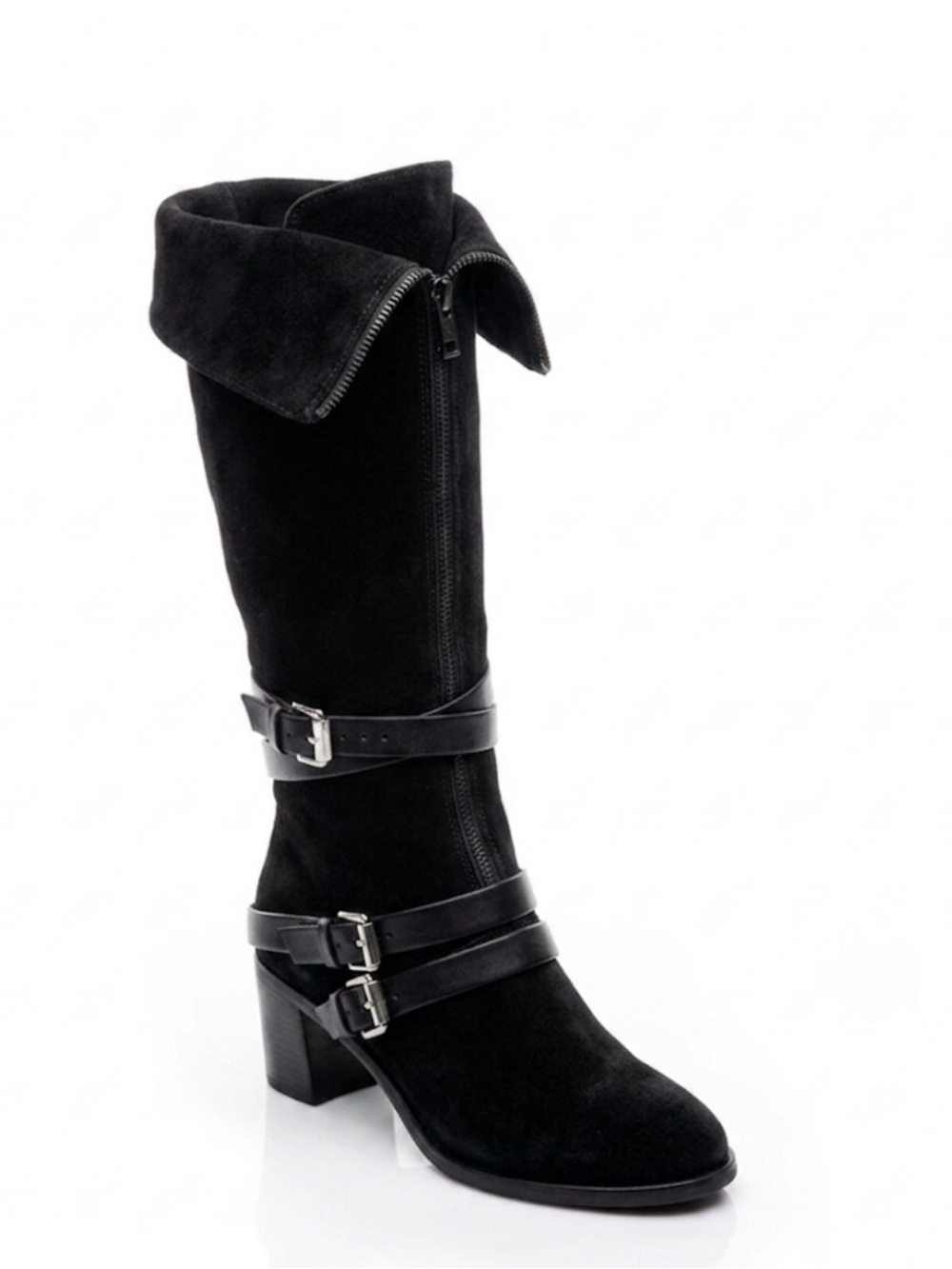 Bernardo Black Suede Mid-Calf Buckle-Heel Boot